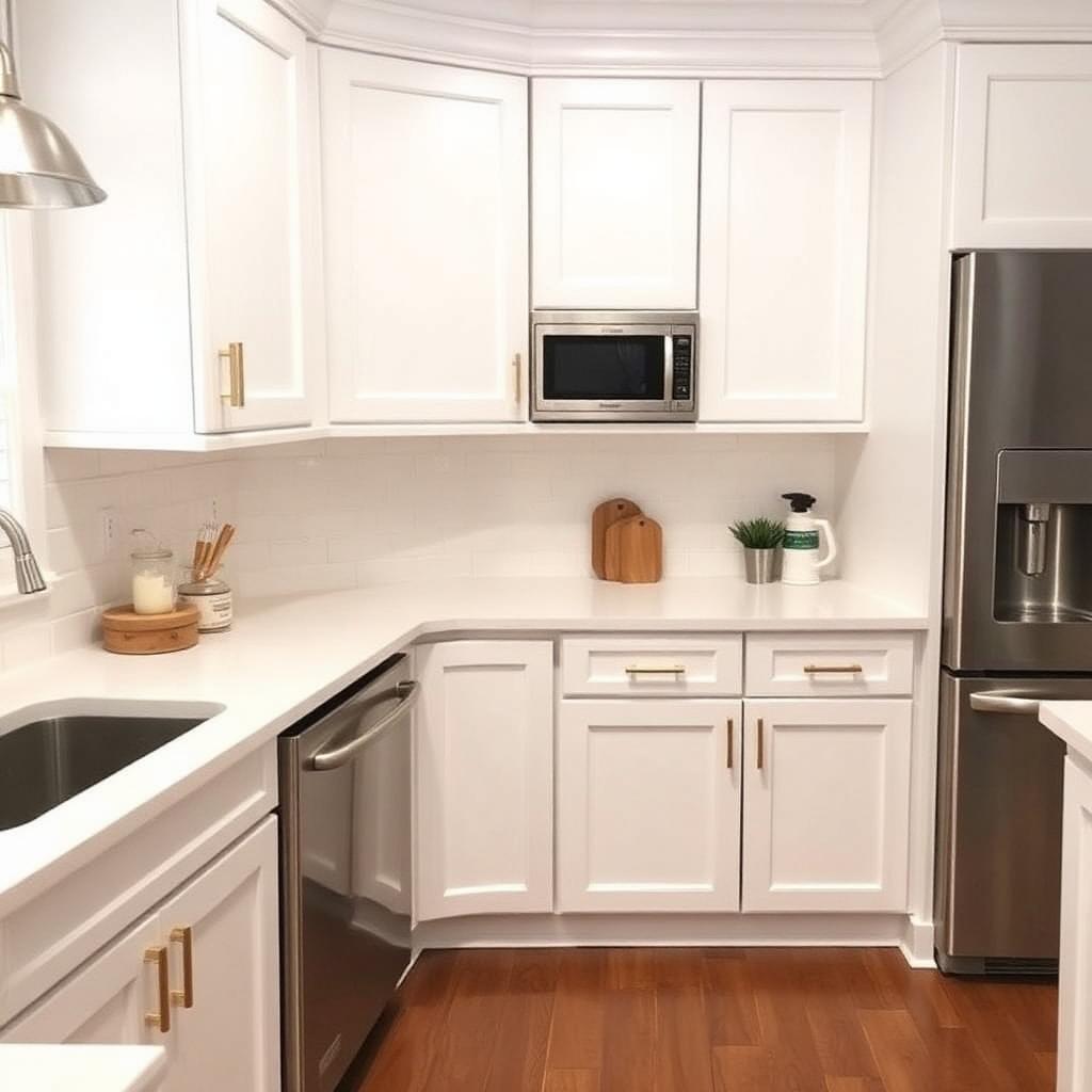 Freshly refinished white kitchen cabinets with gold hardware in a Laredo home