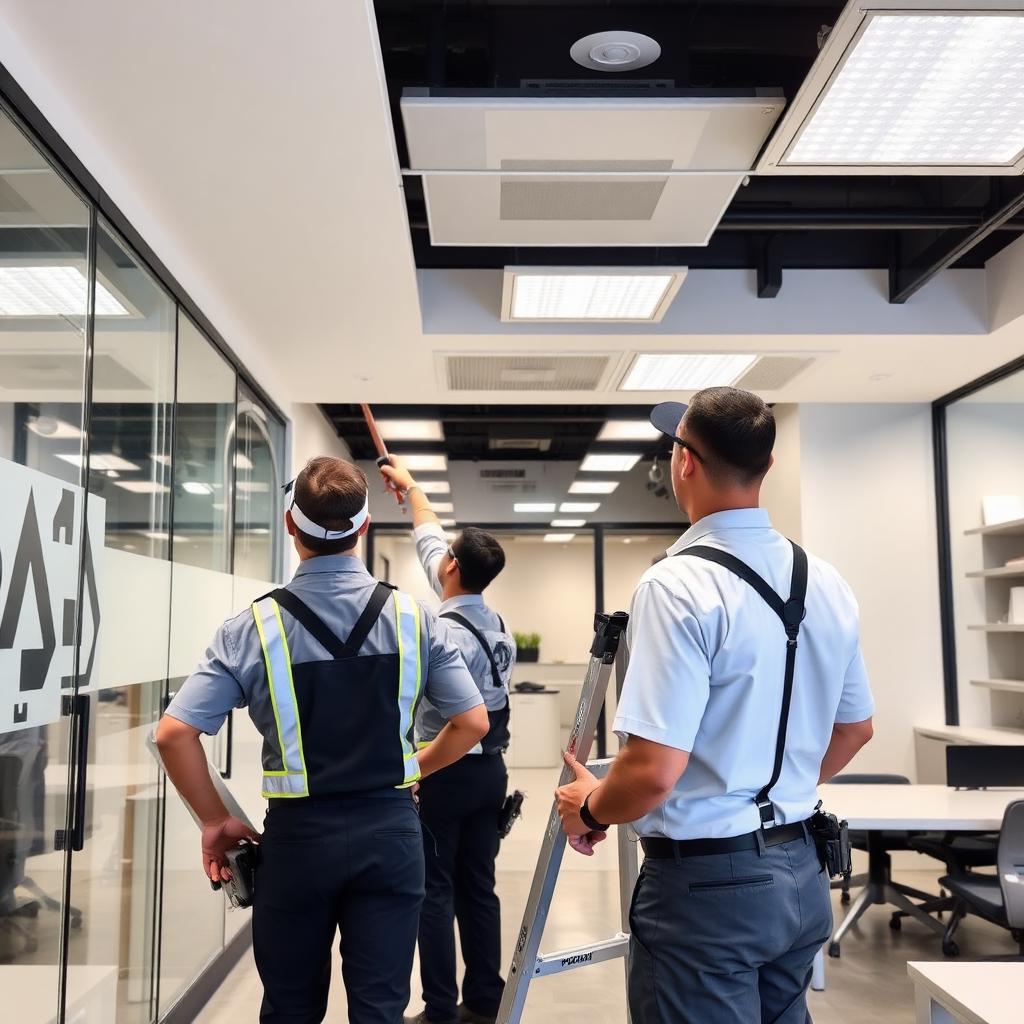 Uniformed commercial painting crew working in a modern Laredo office