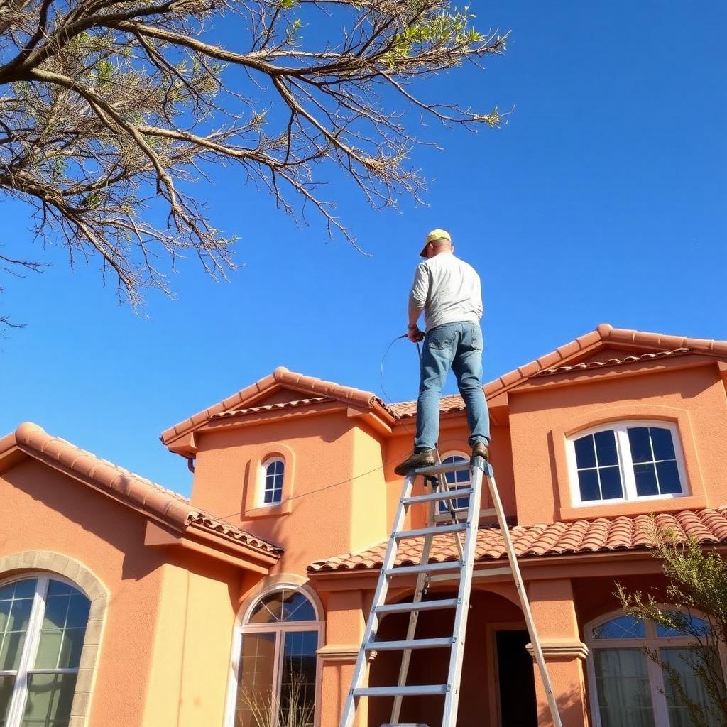 Painter on ladder painting the exterior stucco of a Laredo, TX home